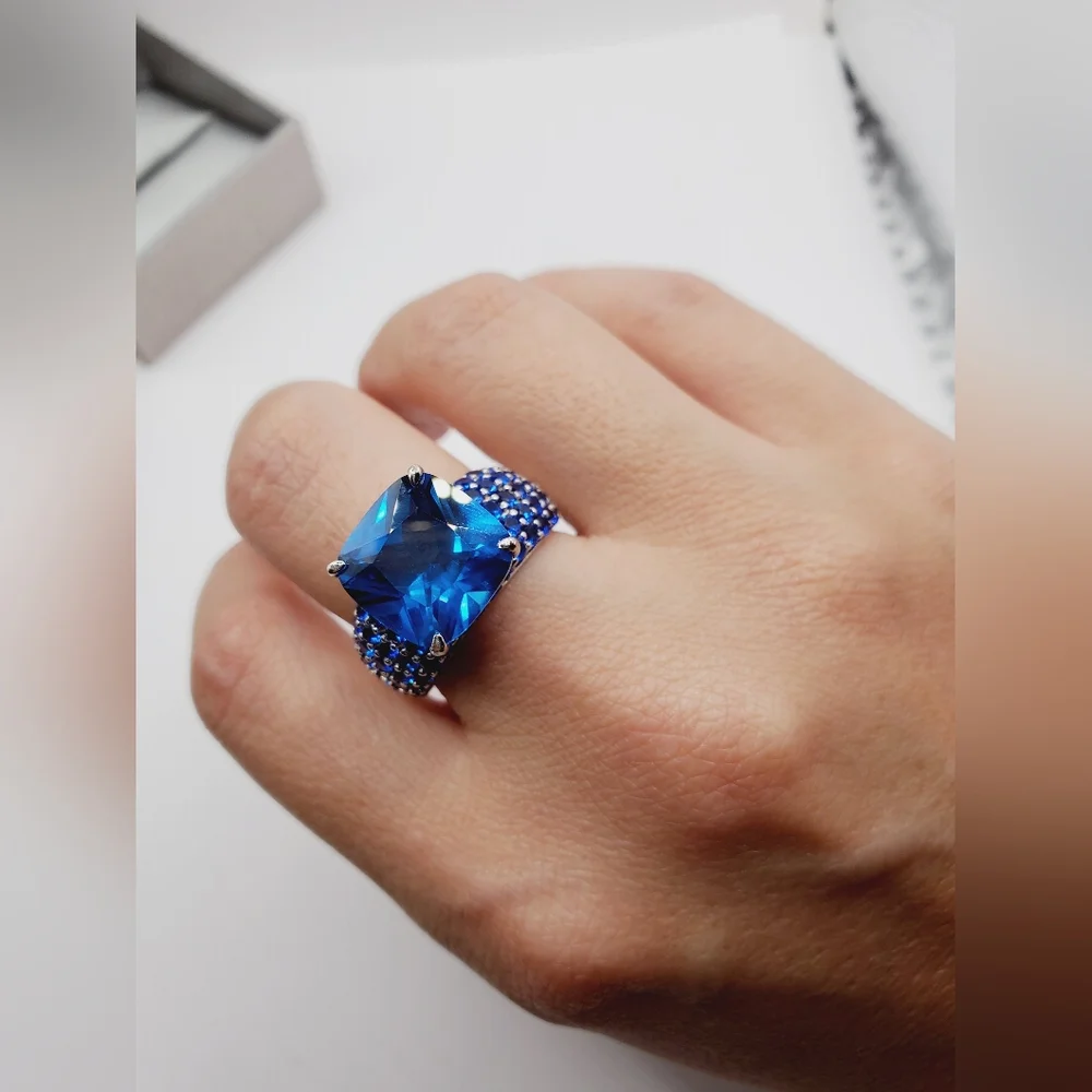 6 Carat Square Cushion Lab Created Blue Spinel Rhodium 925 Sterling Silver Ring